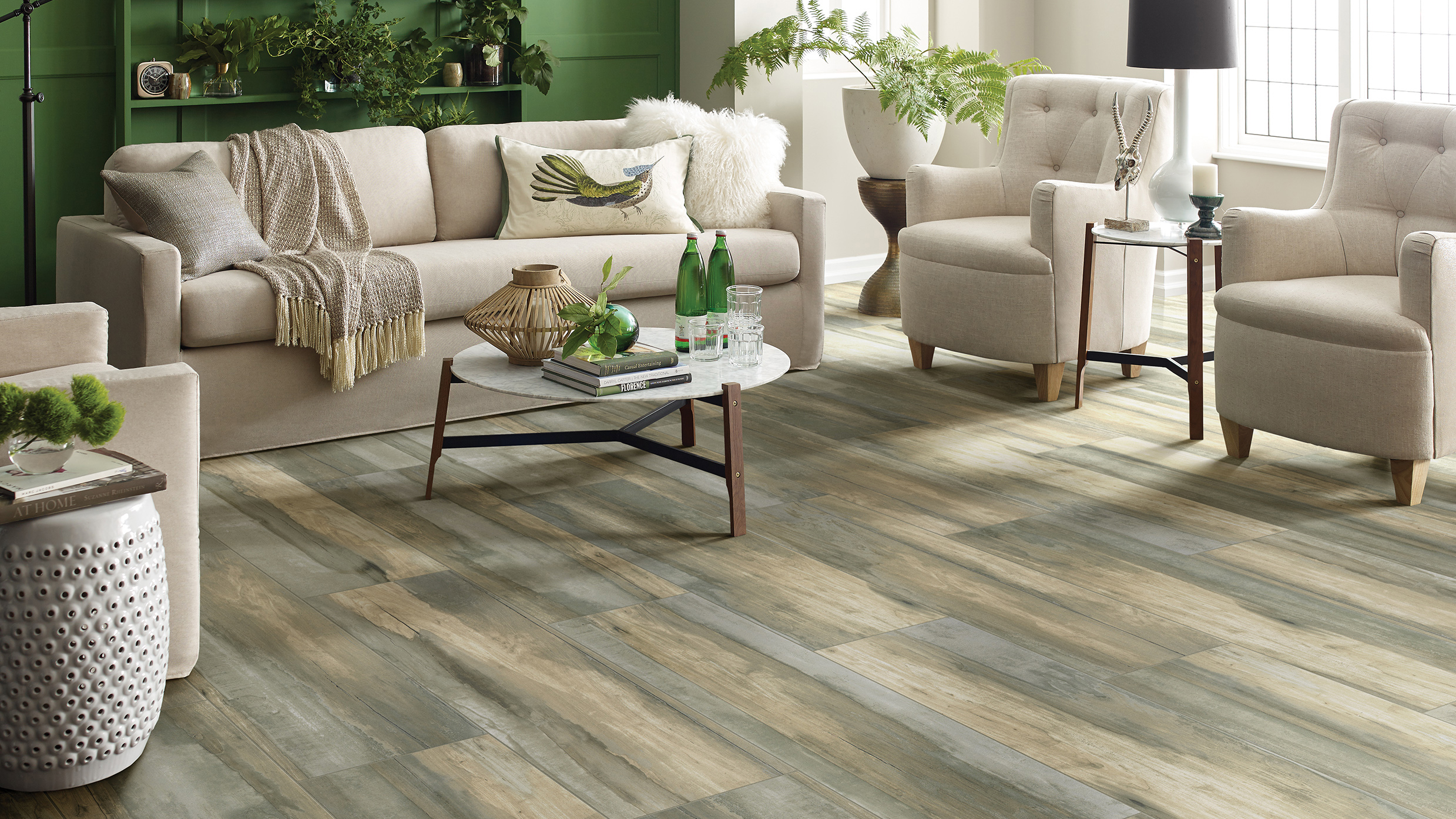 Wood-look tile in a living room, installation services available.
